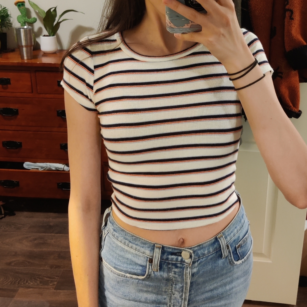 Soft ribbed stripe baby tee full length, stretchy comfy